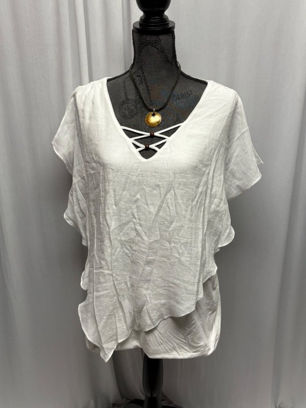 AB Studio White Gauzy-Texture Split-Shoulder Top Womens Sz XXL V-Neck Blouse NEW